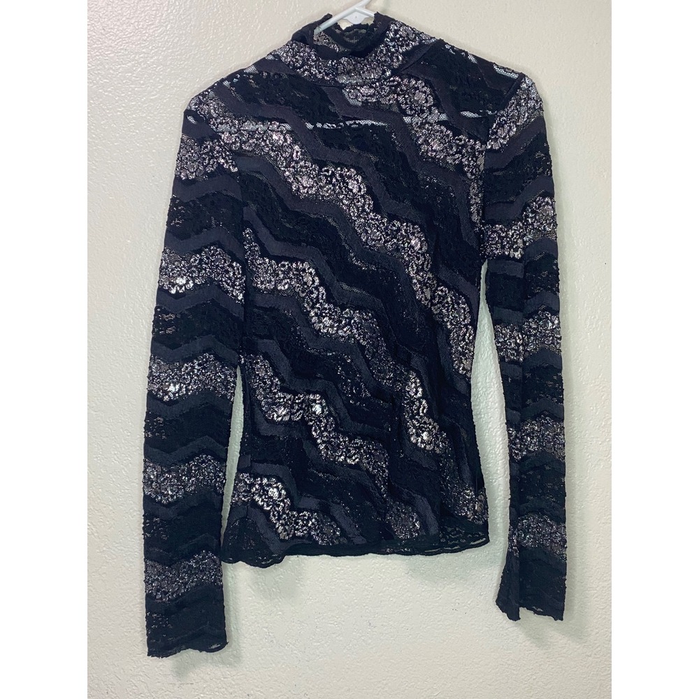 Vintage Cache Black Silver Metallic Lace Mock Neck Chevron Layering Top Large